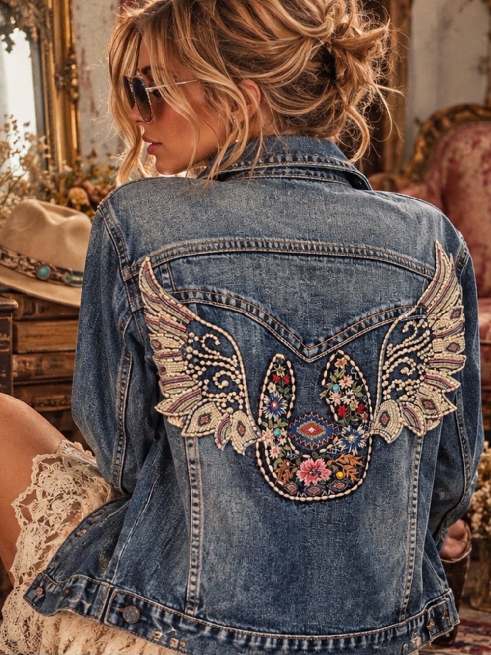 Grace vintage Embellished Western Denim Jacket Beaded Wings Boho Cowgirl large